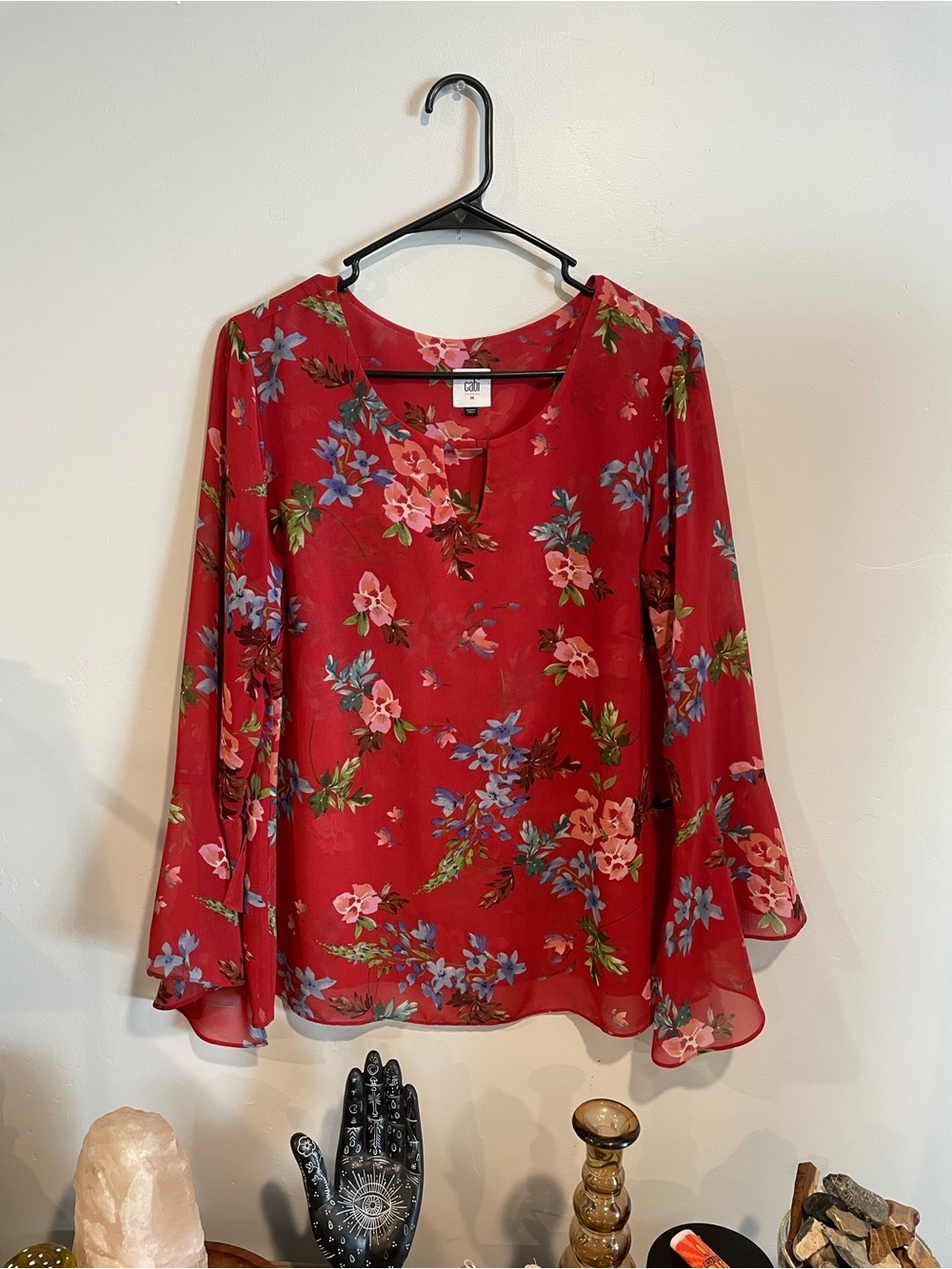 CAbi Red Floral Keyhole Long-Sleeve Blouse